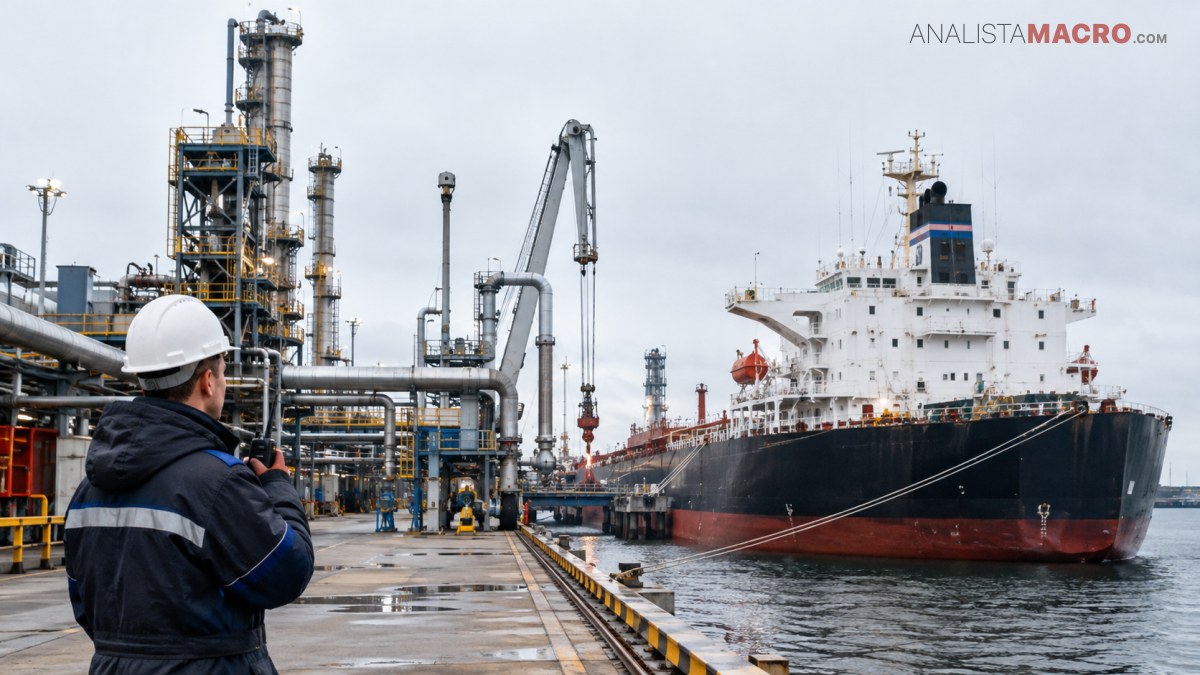 Un trabajador con casco observa un buque industrial atracado junto a instalaciones con tuberías y estructuras metálicas.