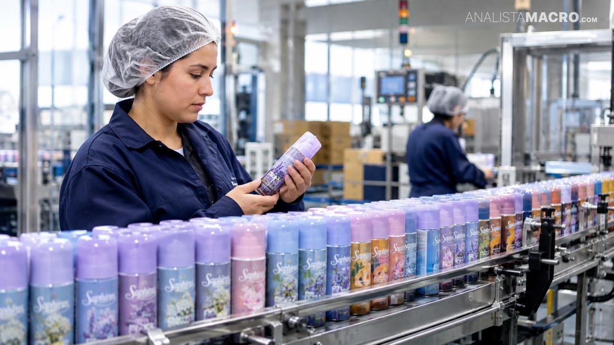 Una trabajadora con bata y cofia revisa un aerosol mientras otros productos avanzan por una línea de producción.