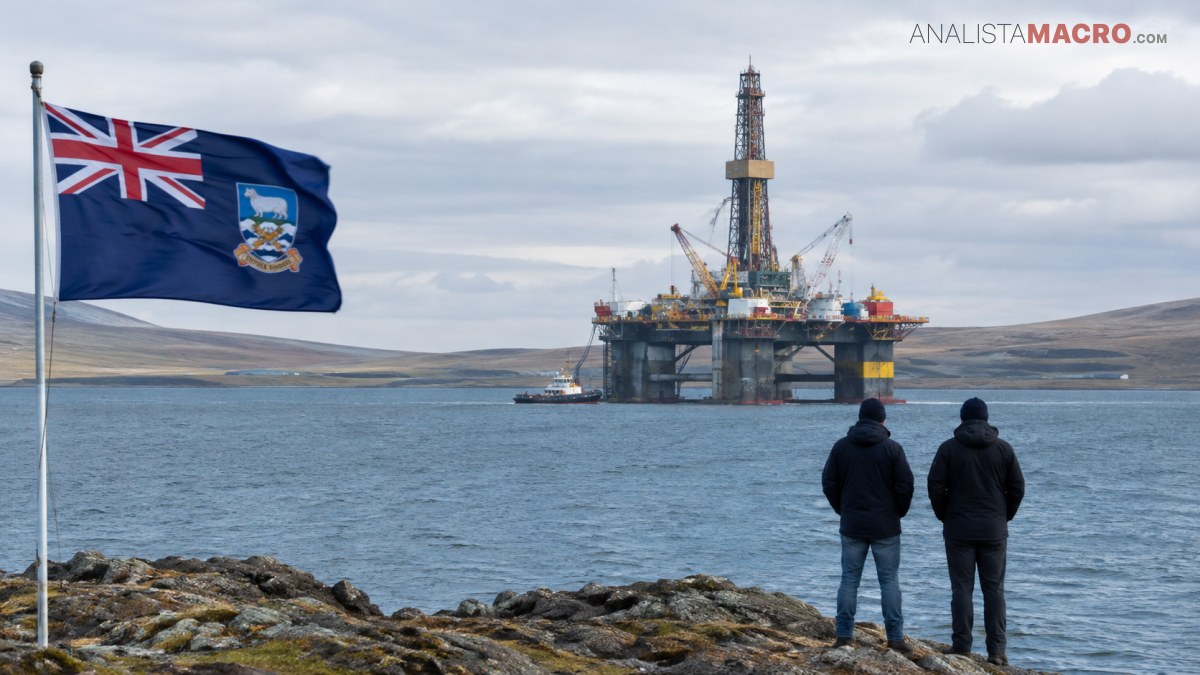 Dos personas observan una plataforma petrolera en el mar desde una costa rocosa, junto a una bandera azul ondeante.
