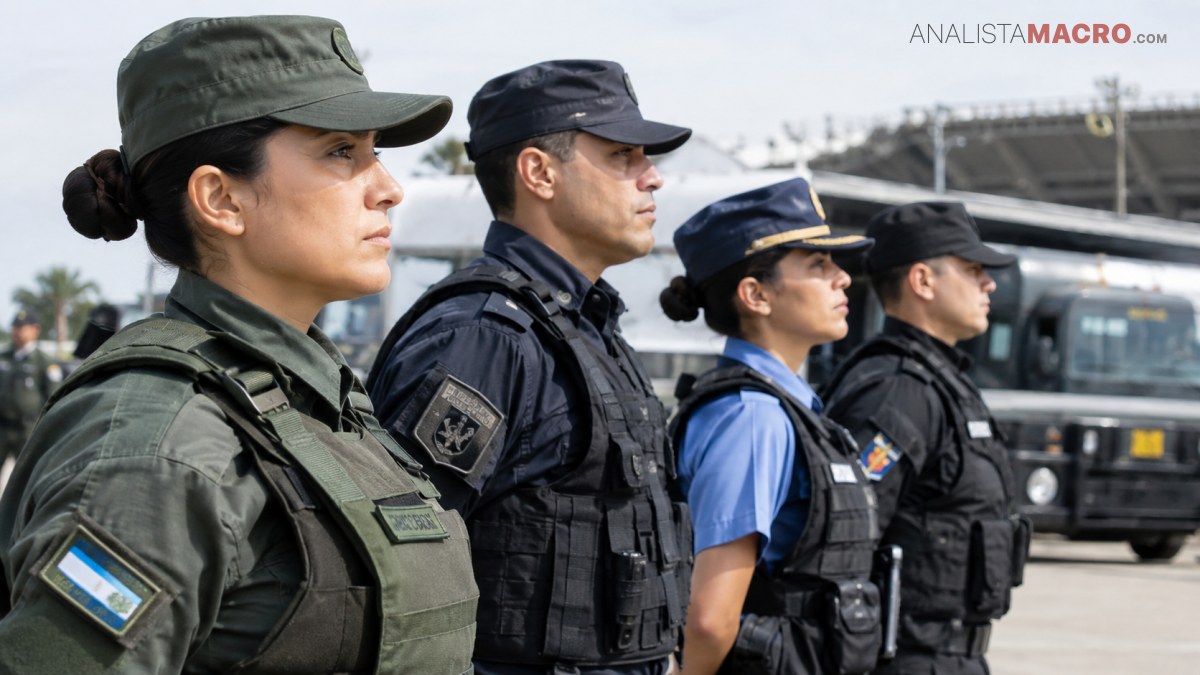 Cuatro personas uniformadas y con gorras permanecen de pie en fila, mientras un autobús aparece al fondo.