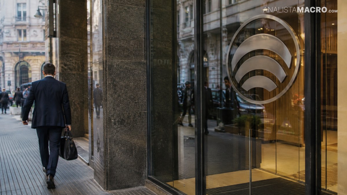 Un hombre con traje camina por una acera junto a un edificio con grandes ventanales y un logotipo circular.