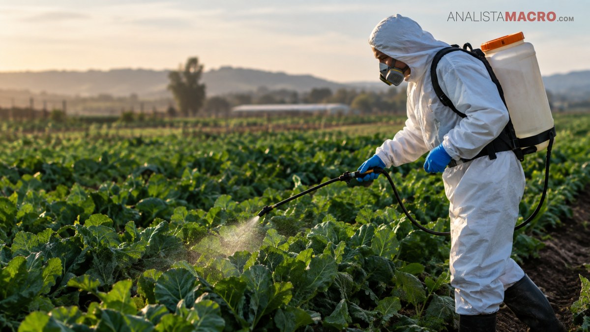Persona con traje blanco y mascarilla aplica líquido con una manguera en un campo de cultivo verde.
