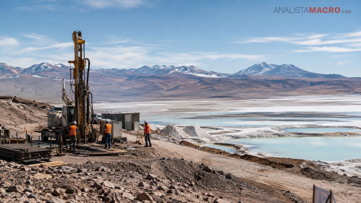 Trabajadores junto a una plataforma de perforación en un paisaje árido, con lagunas, montañas nevadas y cielo azul al fondo.