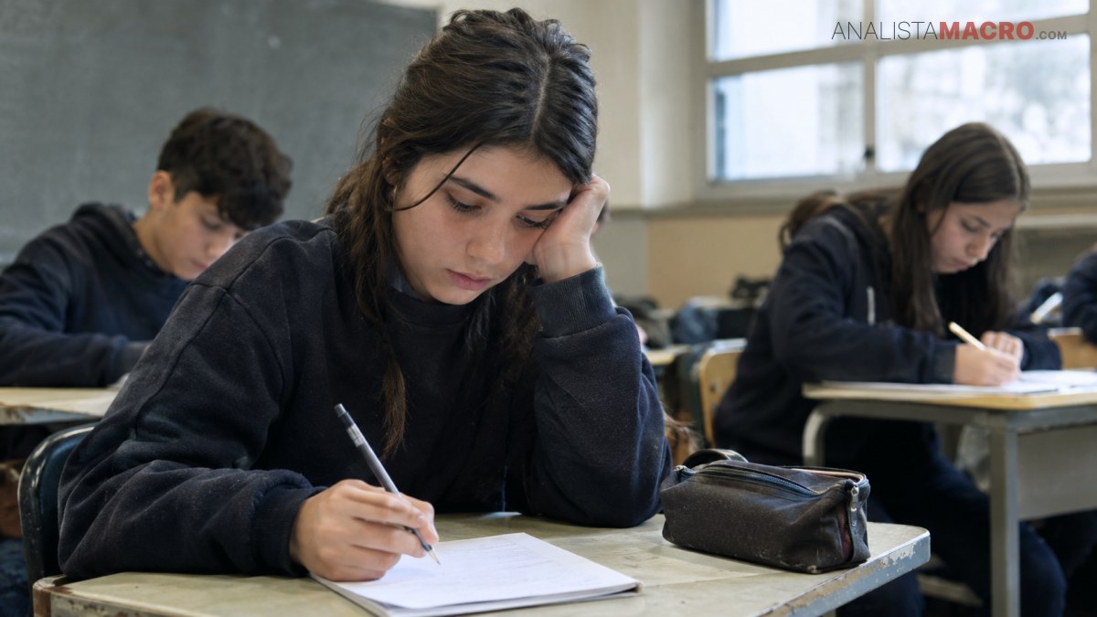 Estudiante escribe en un cuaderno mientras apoya la cabeza en una mano, rodeada de compañeros trabajando en un aula.