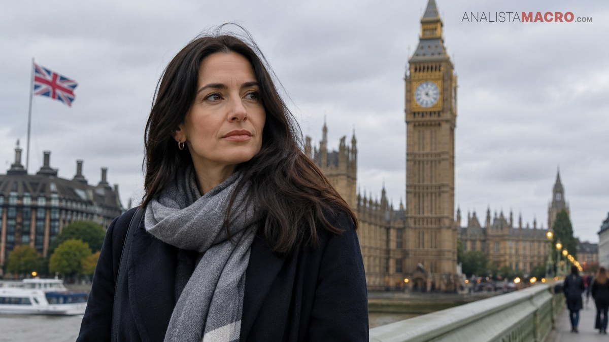 Mujer con abrigo oscuro y bufanda gris frente al Big Ben, con el Parlamento británico y una bandera al fondo.