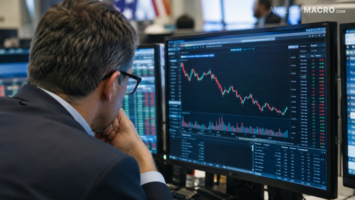 Persona con gafas observa atentamente varias pantallas financieras, incluida una gráfica bursátil descendente con datos y cotizaciones.