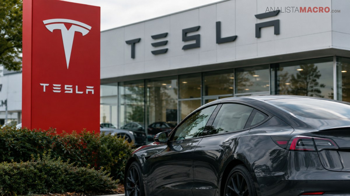 Un automóvil Tesla oscuro aparece frente a un edificio con el logotipo y el letrero de Tesla.