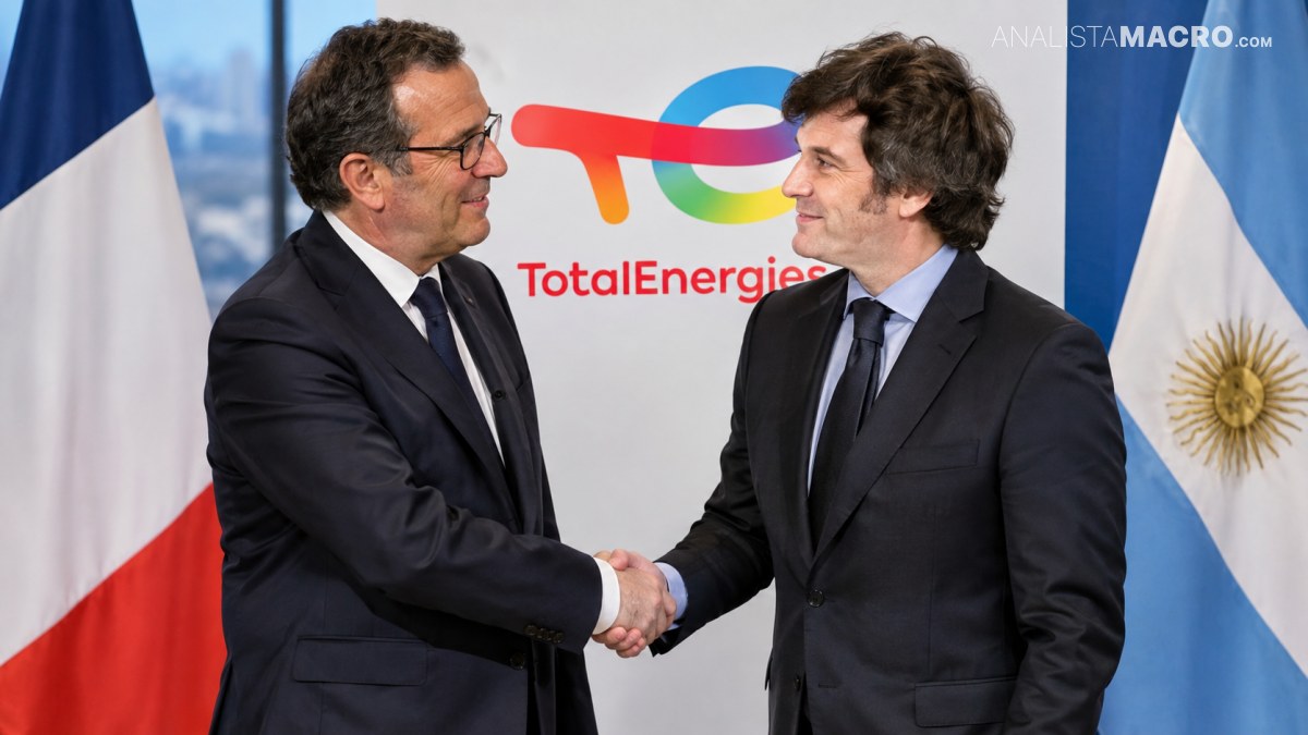 Dos hombres con traje se estrechan la mano frente al logotipo de TotalEnergies, flanqueados por las banderas de Francia y Argentina.