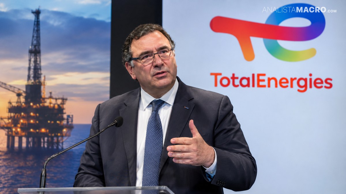 Hombre con gafas y traje habla ante un micrófono, con el logotipo de TotalEnergies y una plataforma petrolífera al fondo.