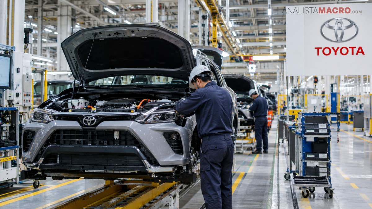 Trabajadores ensamblan un vehículo Toyota en una línea de producción industrial, con el capó abierto y herramientas alrededor.