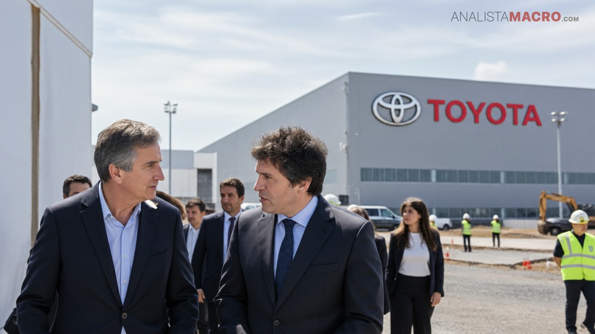 Dos hombres con traje conversan frente a una planta de Toyota, acompañados por varias personas y trabajadores con chalecos de seguridad.