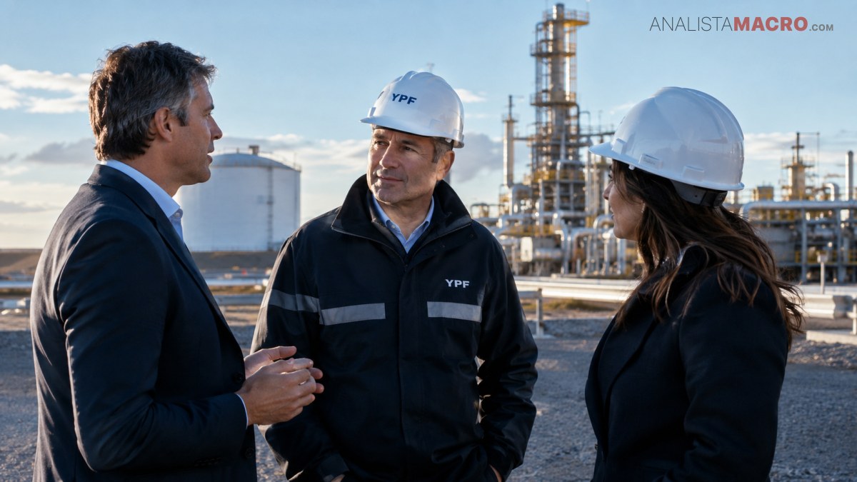 Tres personas conversan frente a instalaciones industriales, mientras dos llevan cascos blancos y una viste traje oscuro.