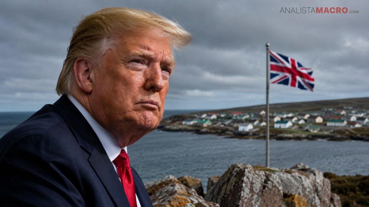 Donald Trump aparece en primer plano junto a una bandera británica, con un pueblo costero y cielo nublado al fondo.