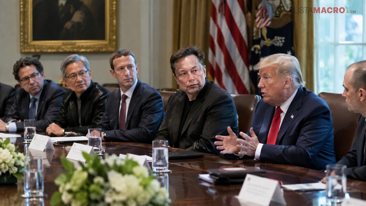 Varias personas conversan alrededor de una mesa, con banderas estadounidenses y un arreglo floral en primer plano.
