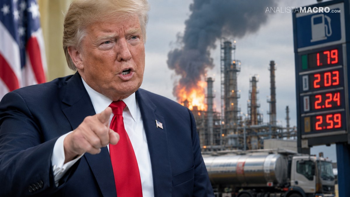 Hombre con traje oscuro y corbata roja señala hacia adelante, frente a una refinería en llamas y un cartel de precios de combustible.