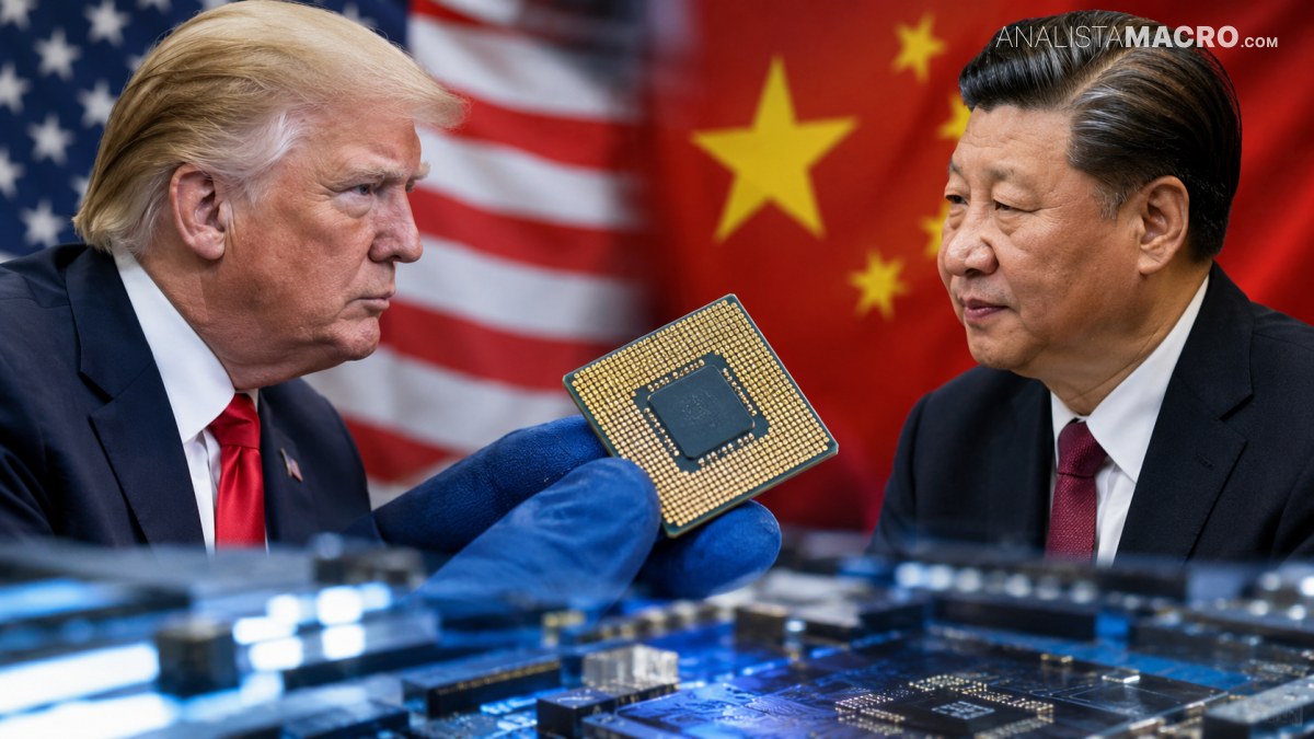Dos hombres frente a las banderas de Estados Unidos y China, mientras una mano enguantada sostiene un microchip sobre una placa electrónica.
