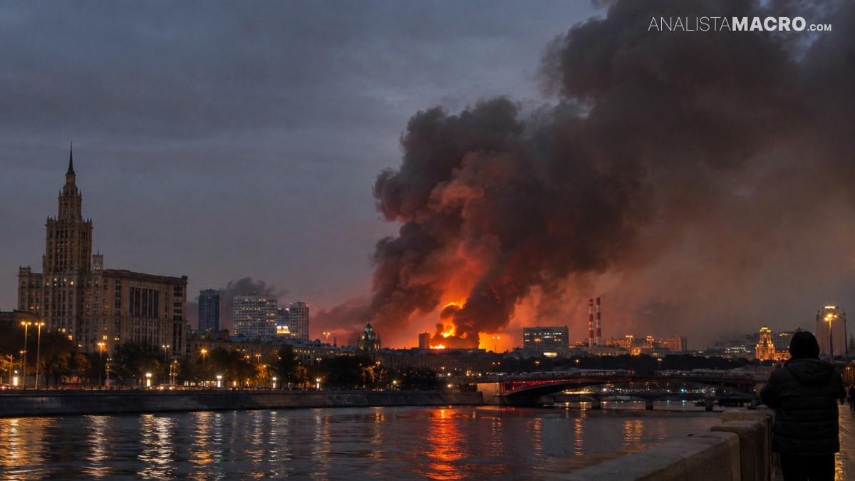 Una persona observa desde la orilla un paisaje urbano nocturno, con un incendio, grandes columnas de humo y reflejos sobre el río.