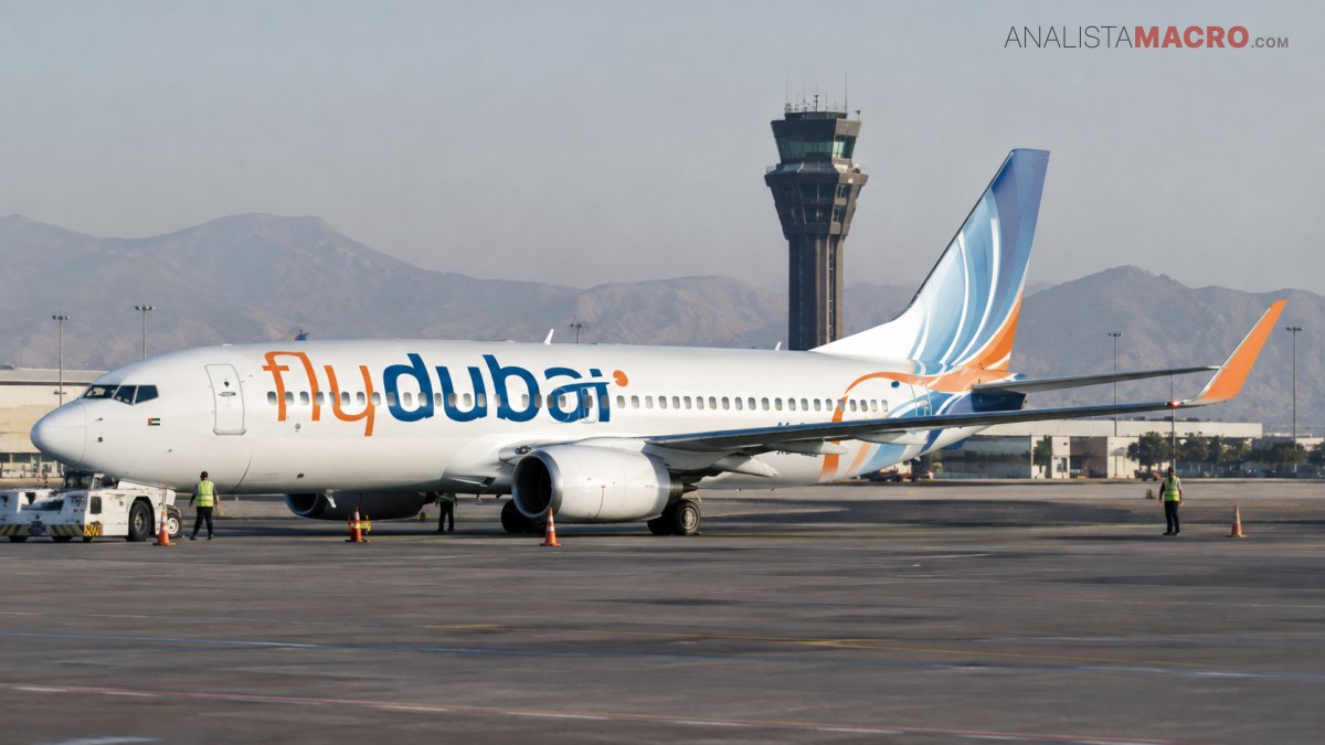 Avión de pasajeros de flydubai estacionado en una pista aeroportuaria, con una torre de control y montañas al fondo.