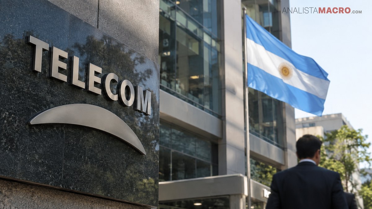 Logotipo de Telecom en una fachada, junto a una bandera argentina ondeando y una persona de espaldas.
