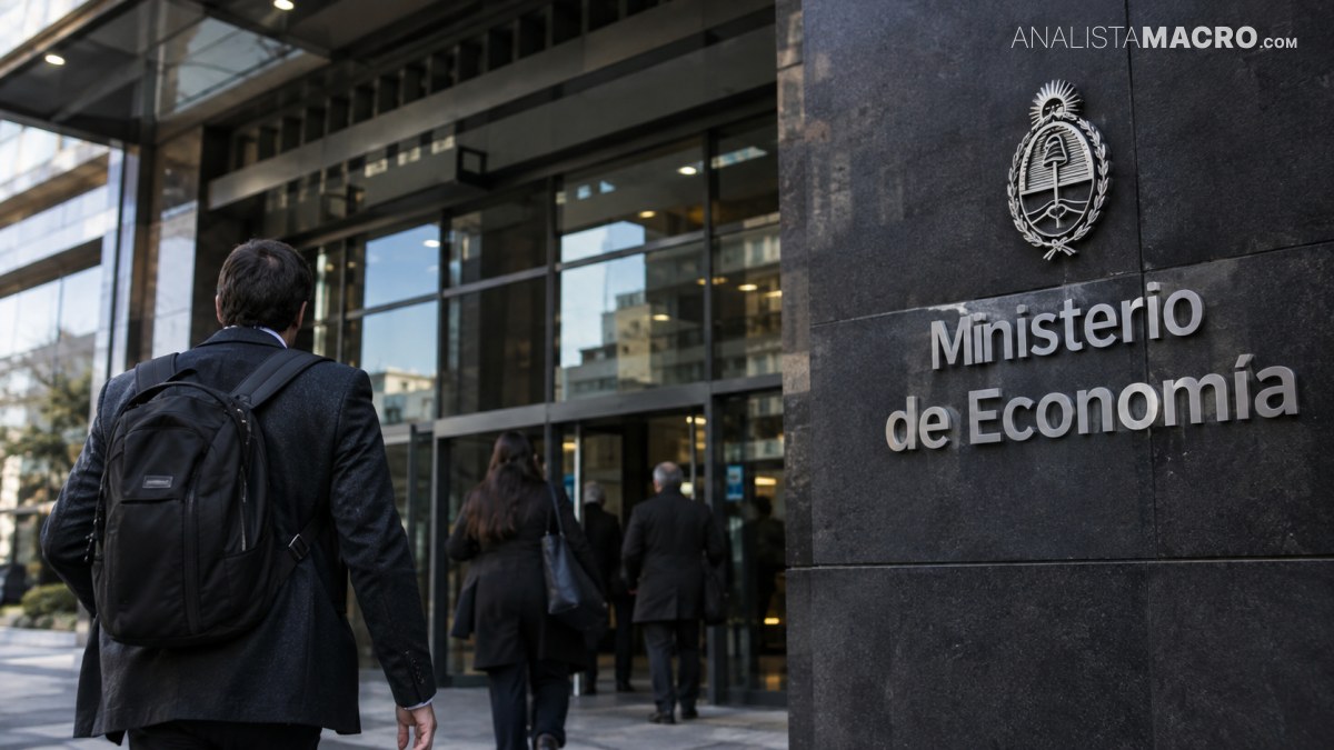 Persona con mochila camina hacia la entrada de un edificio junto a un letrero que dice “Ministerio de Economía”.