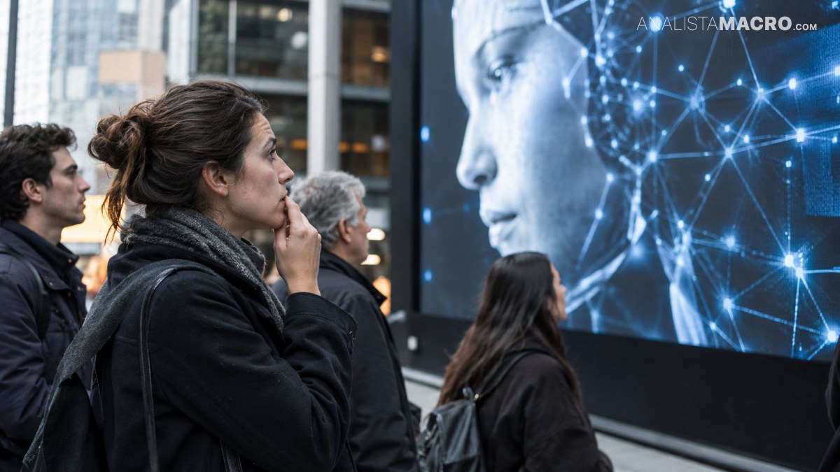 Personas observan una pantalla grande con el rostro de un hombre y una red de conexiones luminosas.