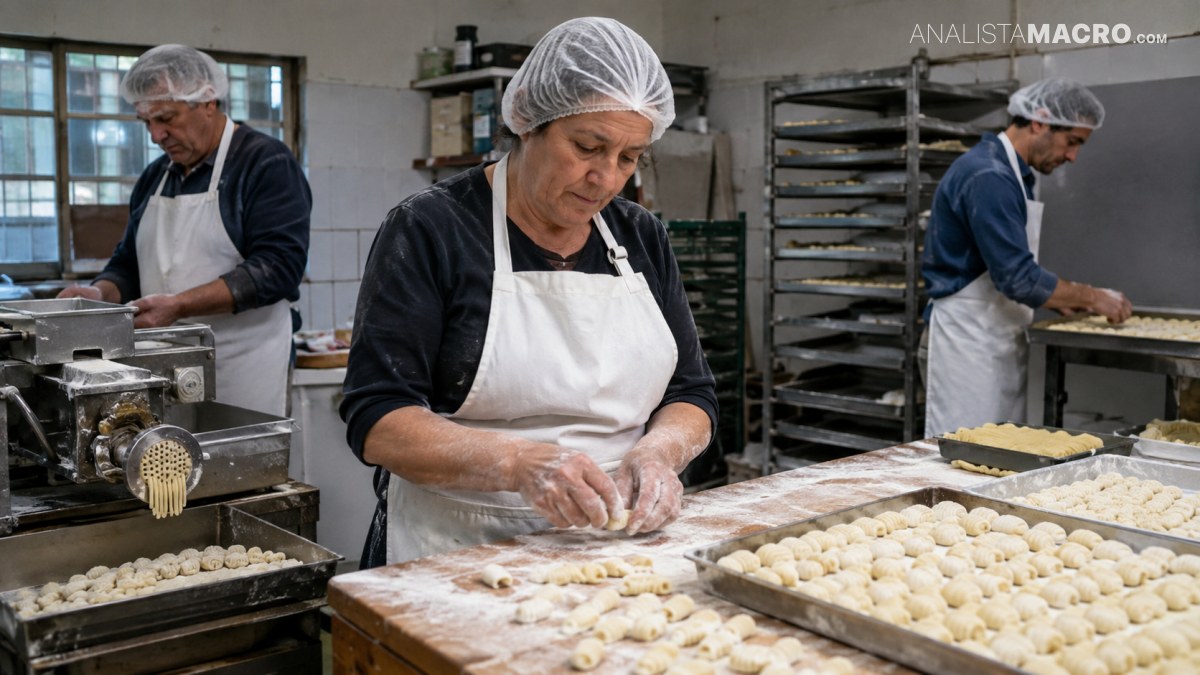 Tres personas con delantales y gorros trabajan preparando pasta fresca en una cocina, rodeadas de bandejas y maquinaria.
