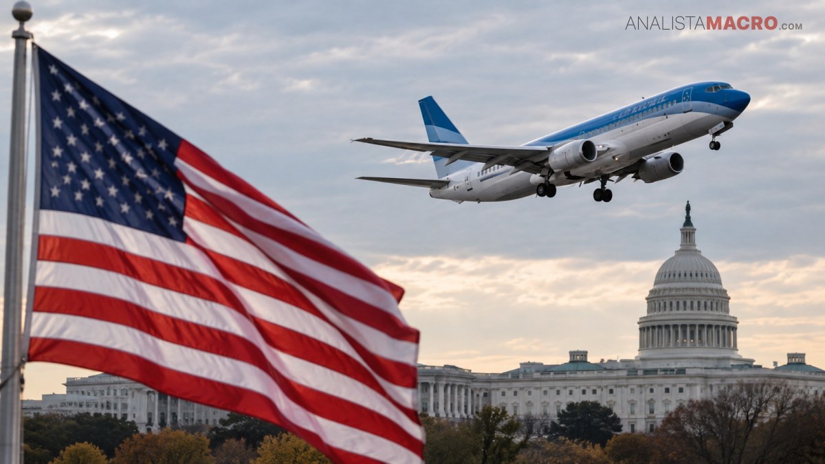 Una bandera estadounidense ondea frente al Capitolio mientras un avión comercial sobrevuela el cielo nublado.