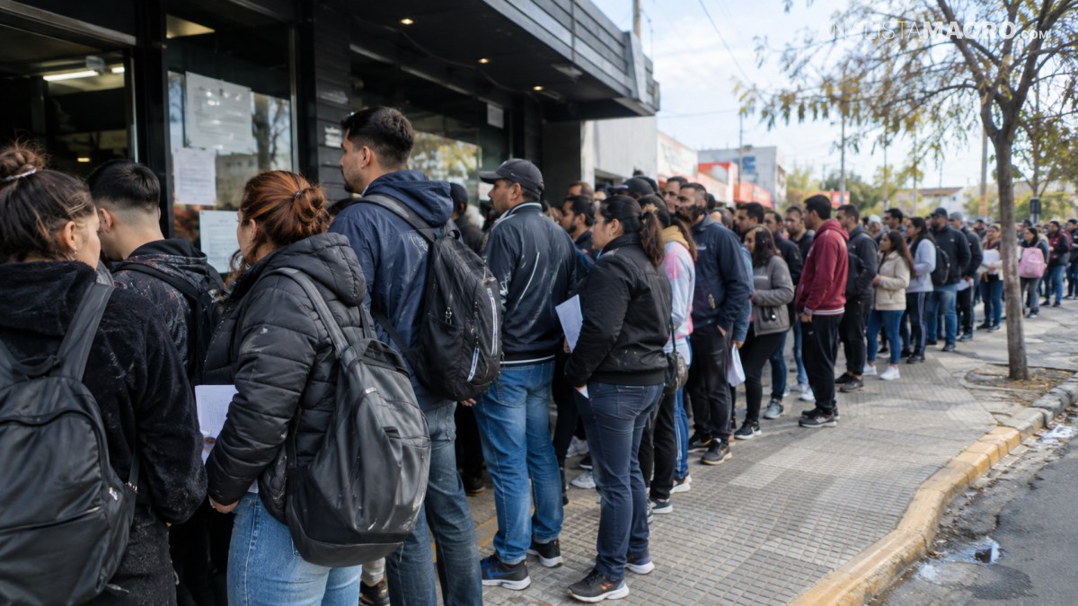 Personas hacen fila frente a un edificio, algunas con mochilas, mientras árboles bordean la acera.