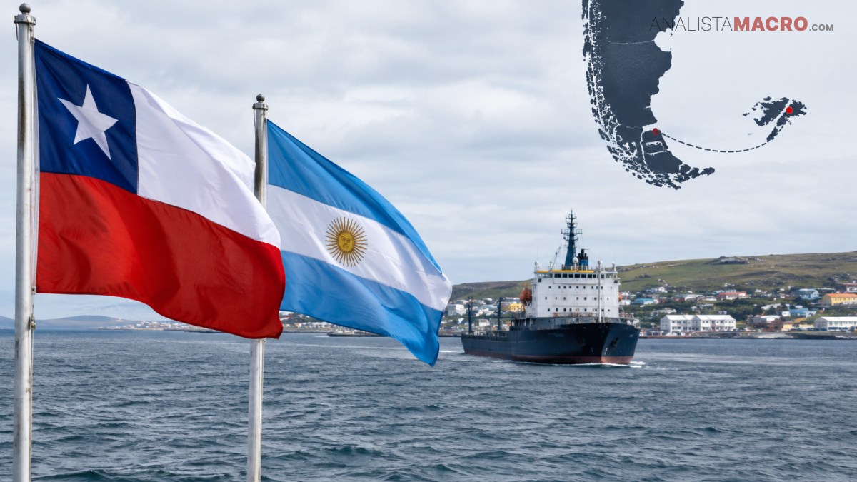 Banderas de Chile y Argentina ondean frente a un barco en el mar, con una ciudad costera al fondo.