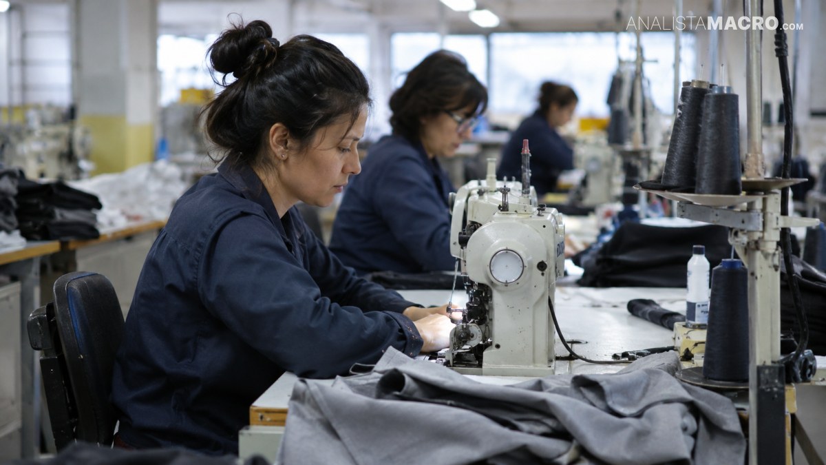 Una mujer cose una prenda gris en una máquina industrial dentro de un taller textil, mientras otras personas trabajan al fondo.