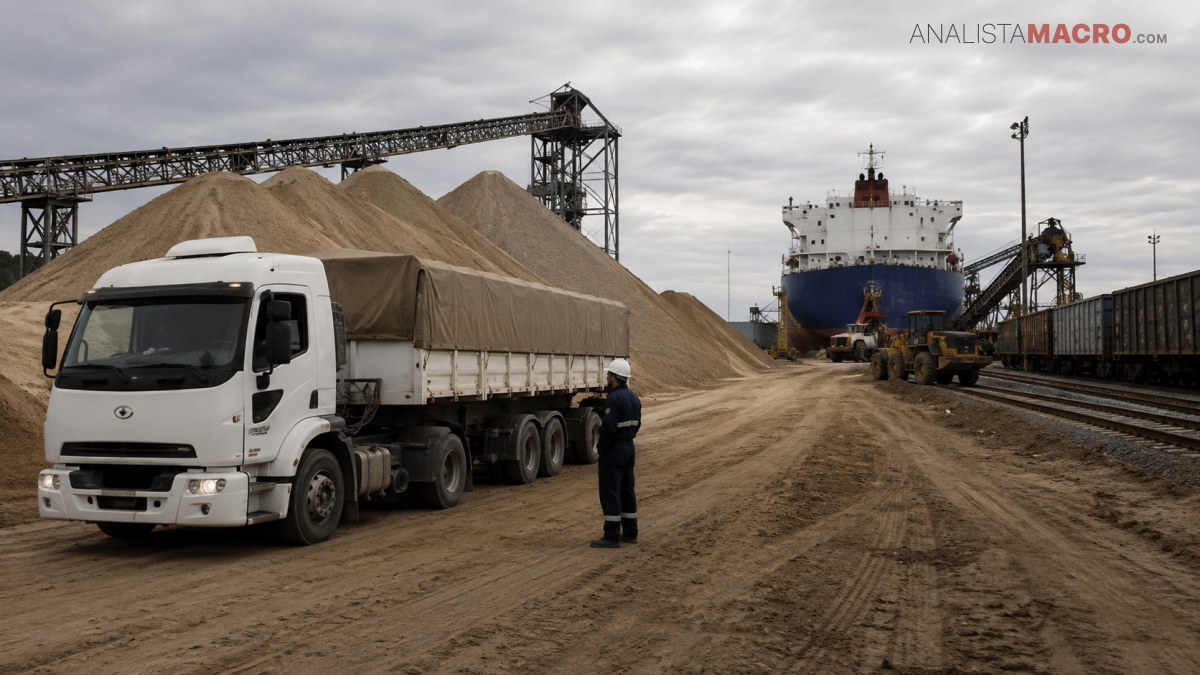 Camión blanco junto a montículos de material, un barco de carga y vías ferroviarias bajo un cielo nublado.