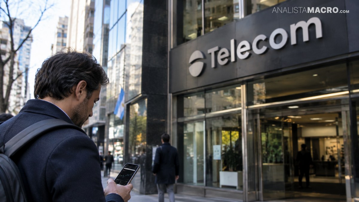 Hombre con mochila consulta su teléfono frente a la entrada de un edificio con el letrero Telecom.