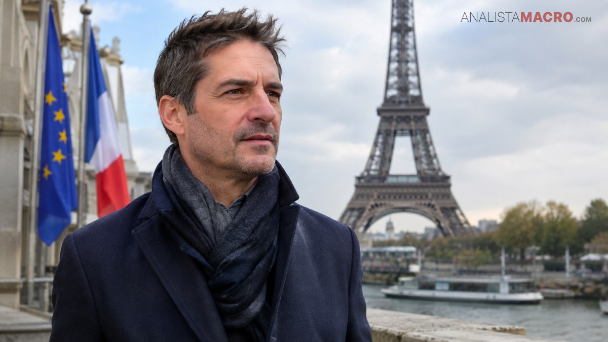 Hombre de cabello oscuro con abrigo y bufanda, junto a las banderas europea y francesa, con la Torre Eiffel al fondo.