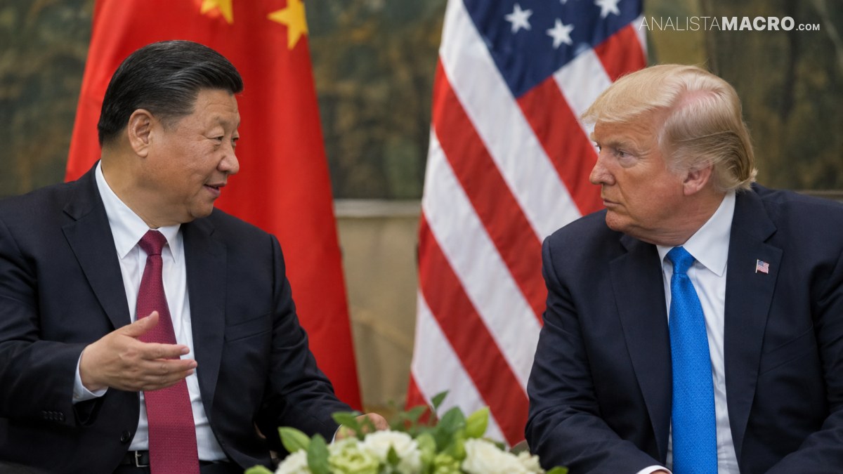 Dos hombres sentados conversan frente a las banderas de China y Estados Unidos, con un arreglo floral entre ambos.