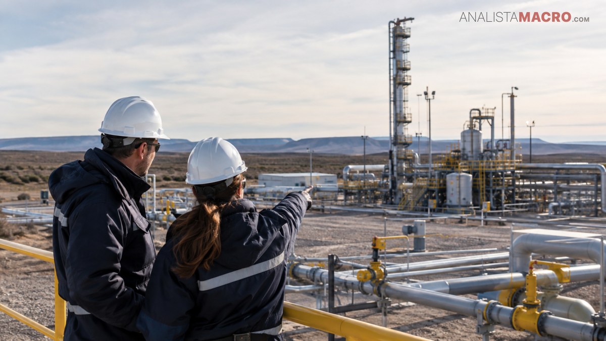 Dos personas con cascos observan y señalan una planta industrial con tuberías, estructuras metálicas y torres al fondo.