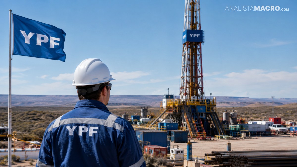 Trabajador con casco y chaqueta con logo YPF observa una instalación industrial con una torre y bandera.