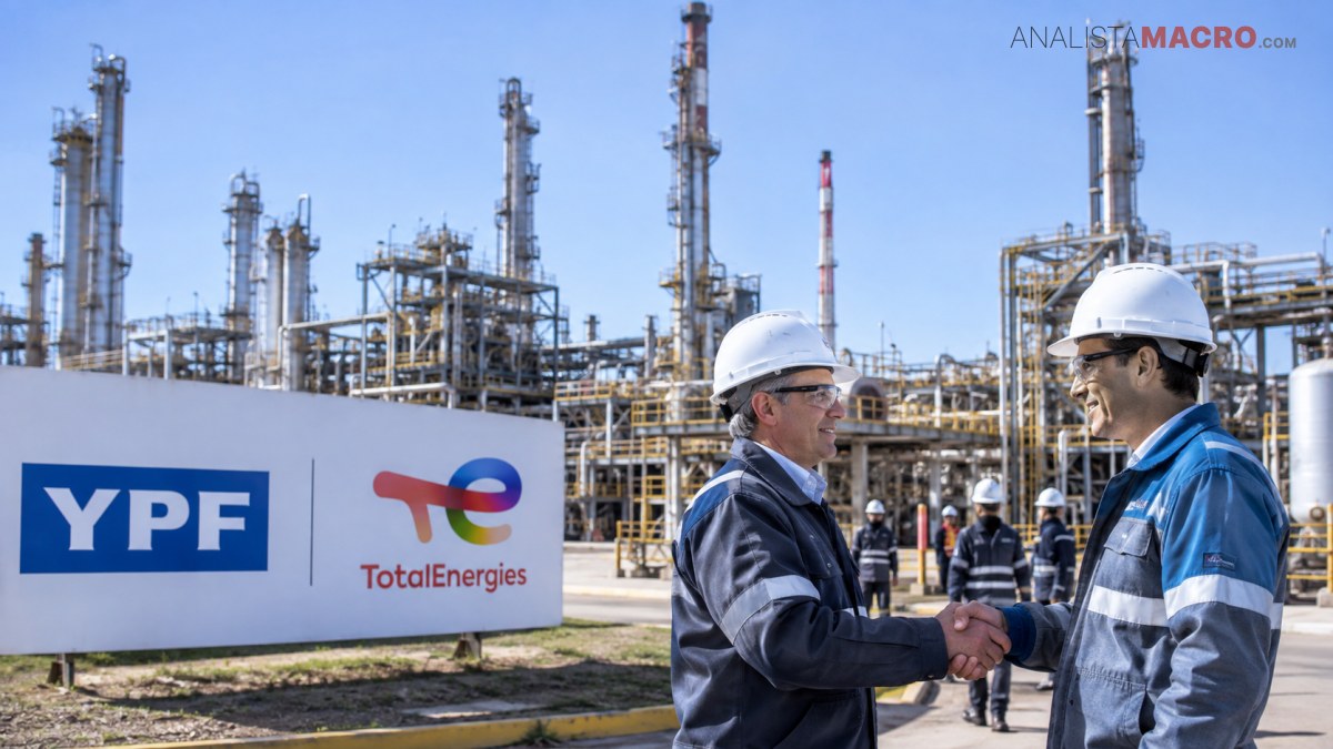 Dos trabajadores con cascos se estrechan la mano frente a una planta industrial y carteles de YPF y TotalEnergies.